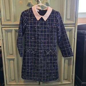 Blue and Black Plaid Dress with White Collar